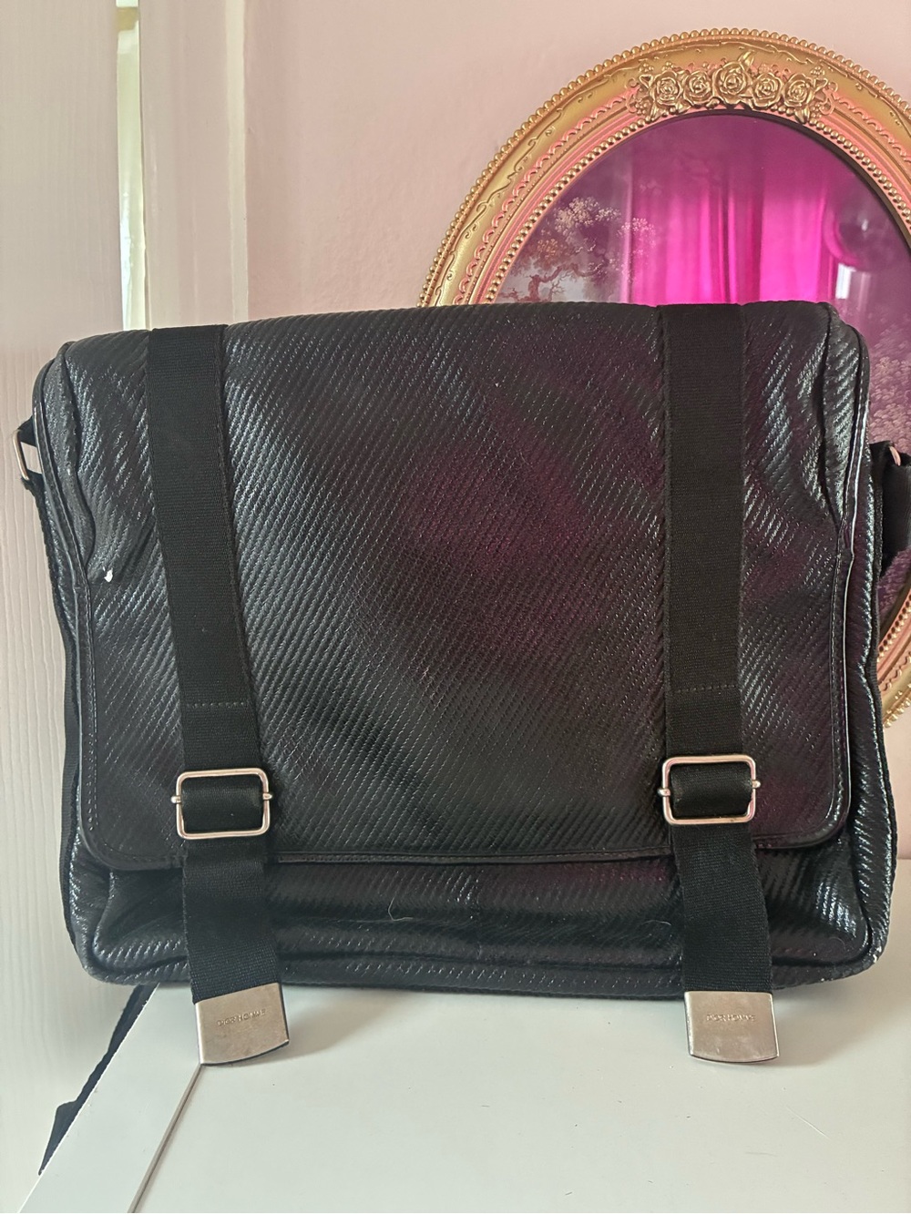 Dior Black Textured Leather Messenger Bag with Silver Hardware